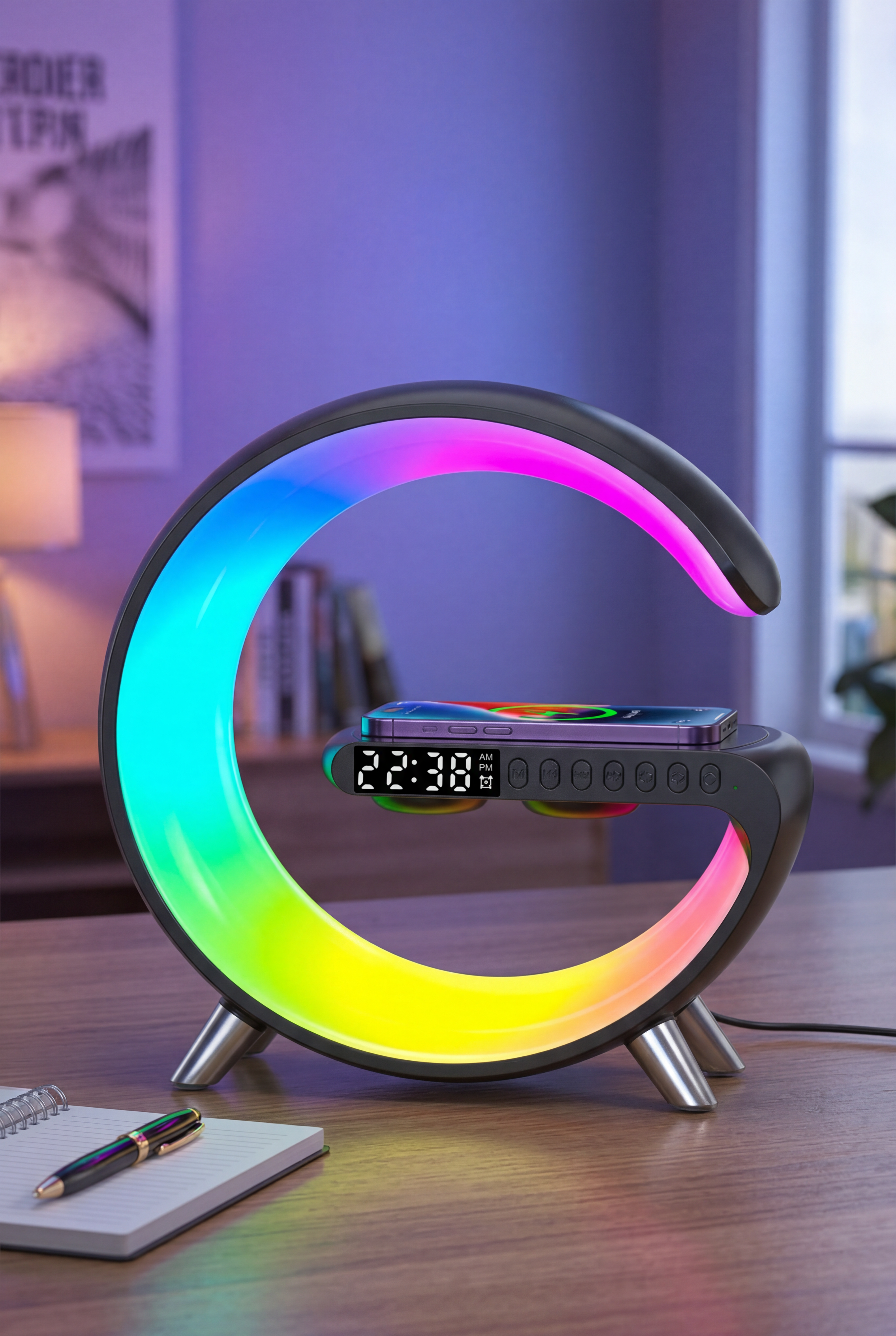 LumiVibe G-Shaped Smart Lamp — RGB Light + Bluetooth Speaker + Wireless Charger | 🇪🇺 EU Plug